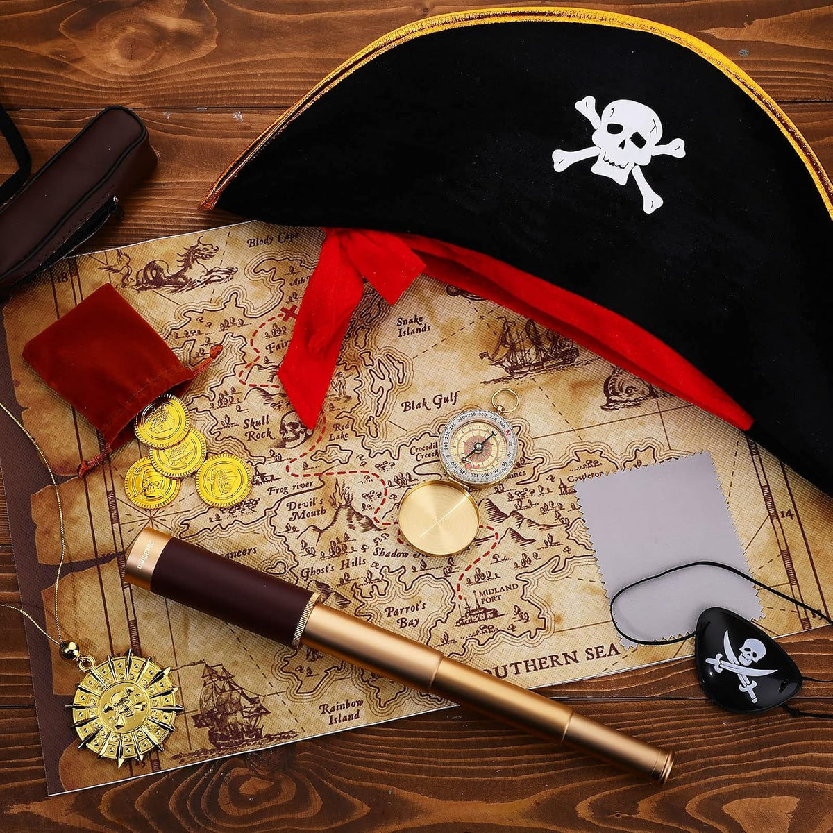 17 Piece Pirate Monocular Telescope Pirate Treasure Map Eye Patch Hat Pocket Compass Necklace Plastic Coins with Velvet Bag for Party Supplies