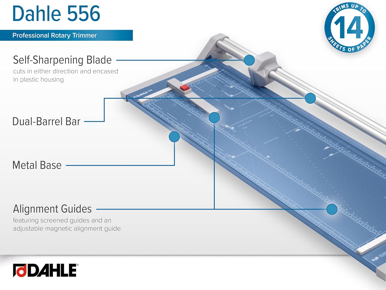 Dahle 556 Professional Rotary Trimmer, 37" Cut Length, 14 Sheet Capacity, Self-Sharpening, Dual Guide Bar, Automatic Clamp, German Engineered Paper Cutter