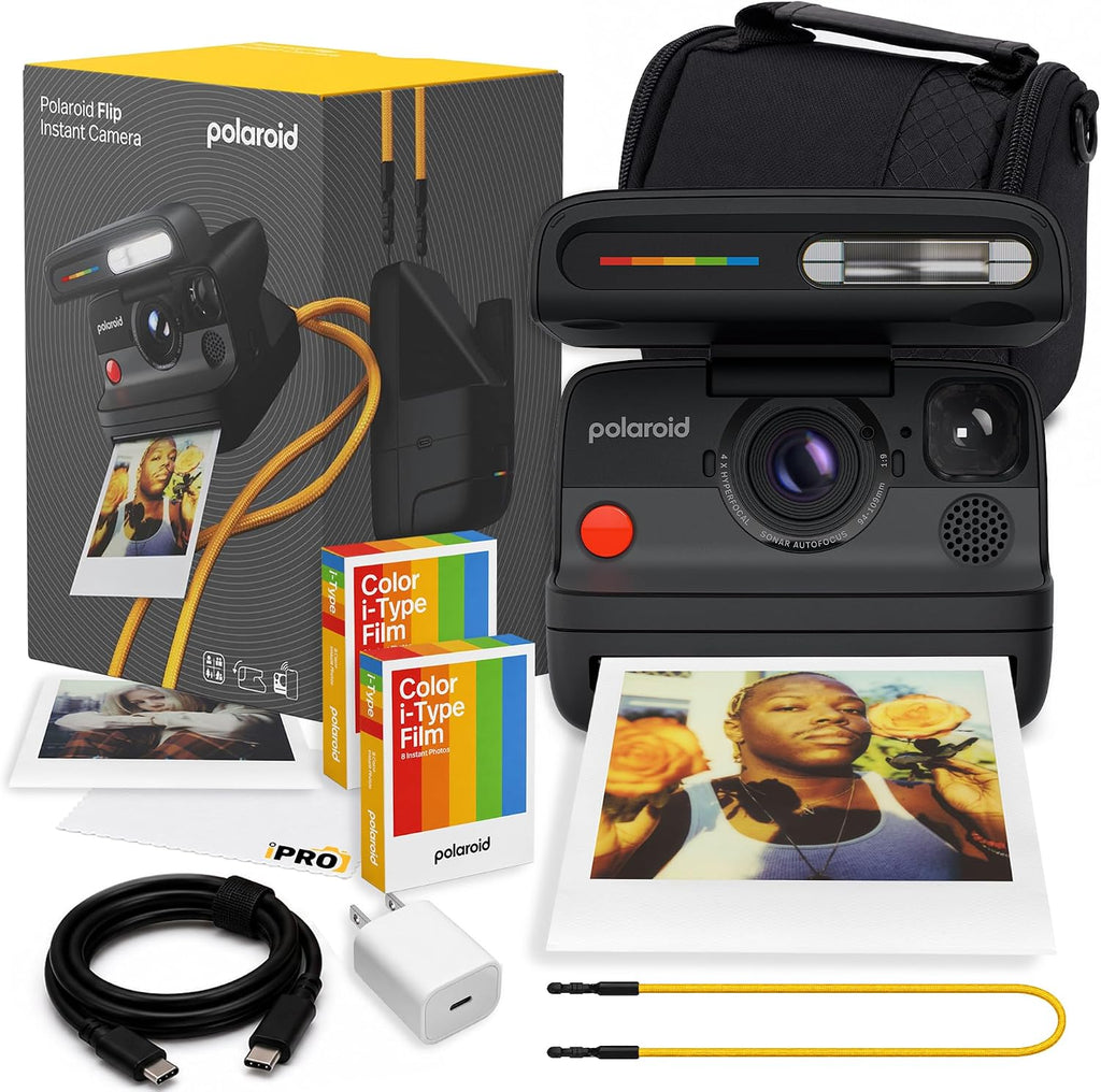 Polaroid Flip Instant Camera in Black with 4-Lens System + 16 Film Bundle | Instant Camera for Travel, Parties &amp; Creative Photography, Sonar Autofocus, Compatible with i-Type &amp; 600 Film