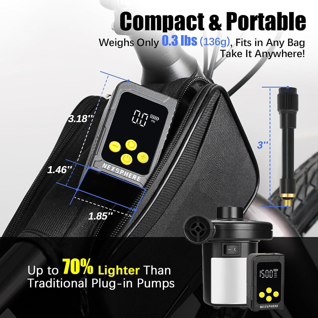 Mini Bike Tire Pump, Max 150 PSI, 25s Fast Inflate Bicycle Pump with Gauge, Electric Tire Inflator, Portable Air Pump with Presta & Schrader Valve for Mountain, City, Road, E-Bike, and Ball