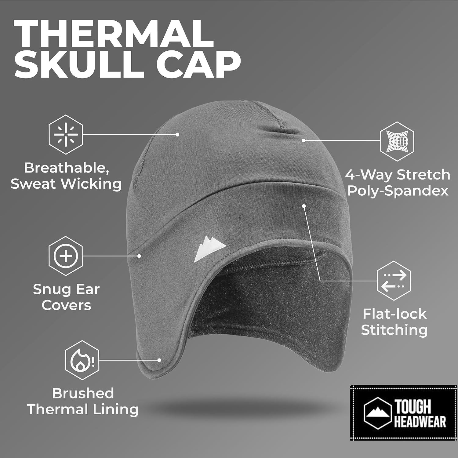 Tough Headwear Thermal Skull Cap - Moisture-Wicking Running Beanie - Snug Fit Ski Helmet Liner - Lightweight Cycling Cap