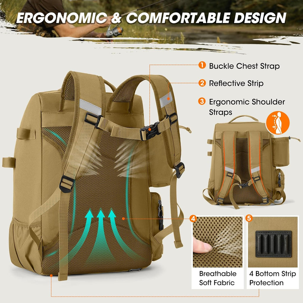 RAINSMORE Fishing Backpack 40L Tackle Backpack with Rod Holders & Cooler