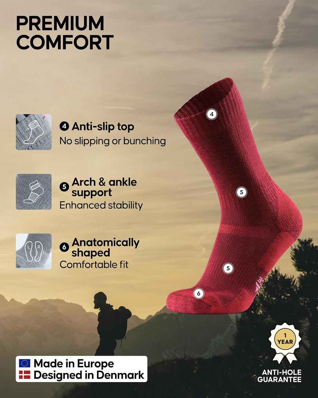 DANISH ENDURANCE Hiking Socks, Merino Wool, Anti-Blister, 3 & 5-Pack