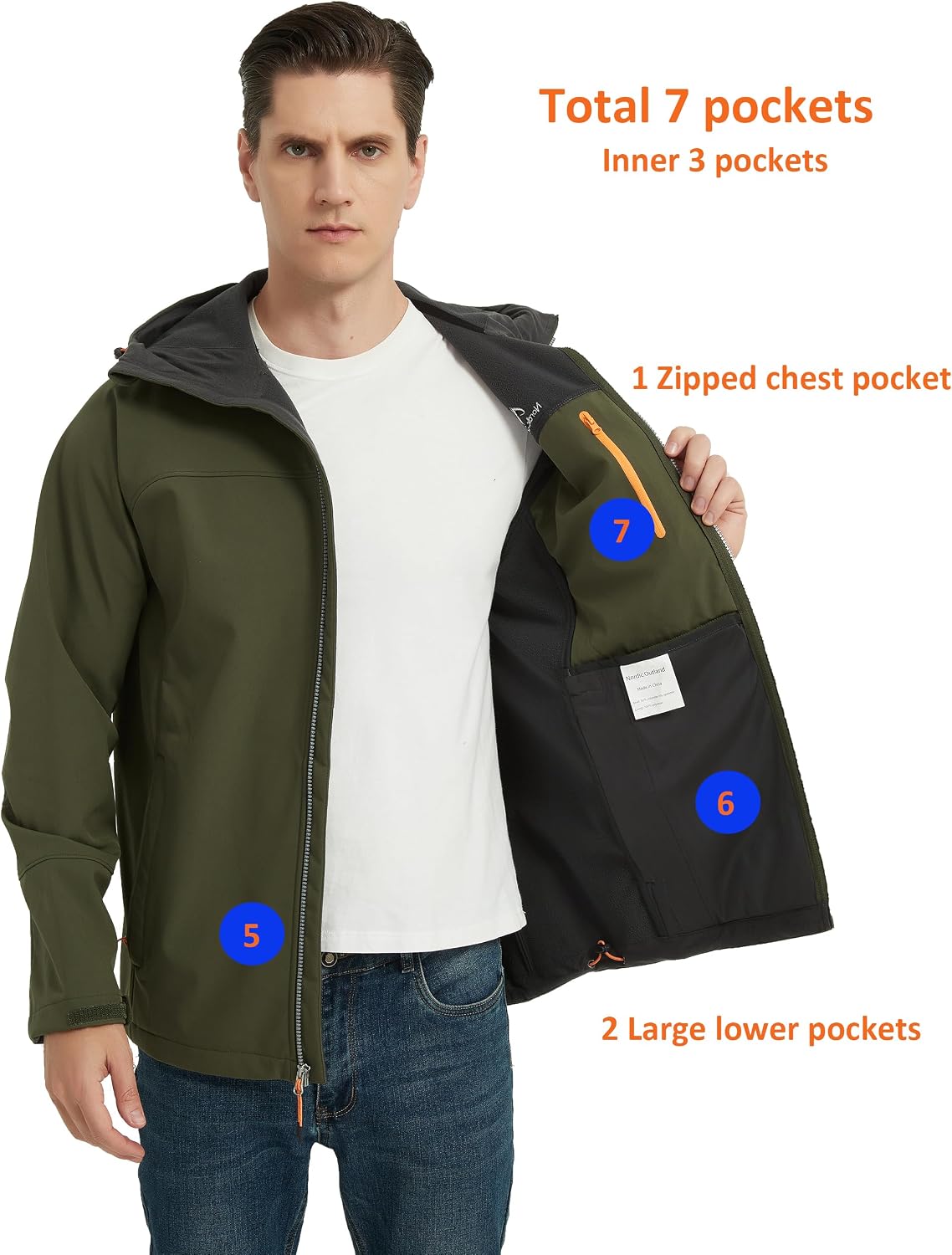 NORDIC OUTLAND Men's Waterproof Softshell Rain Jacket, Hooded Windbreaker 7 Pockets, Lightweight Shell for Outdoor Activities