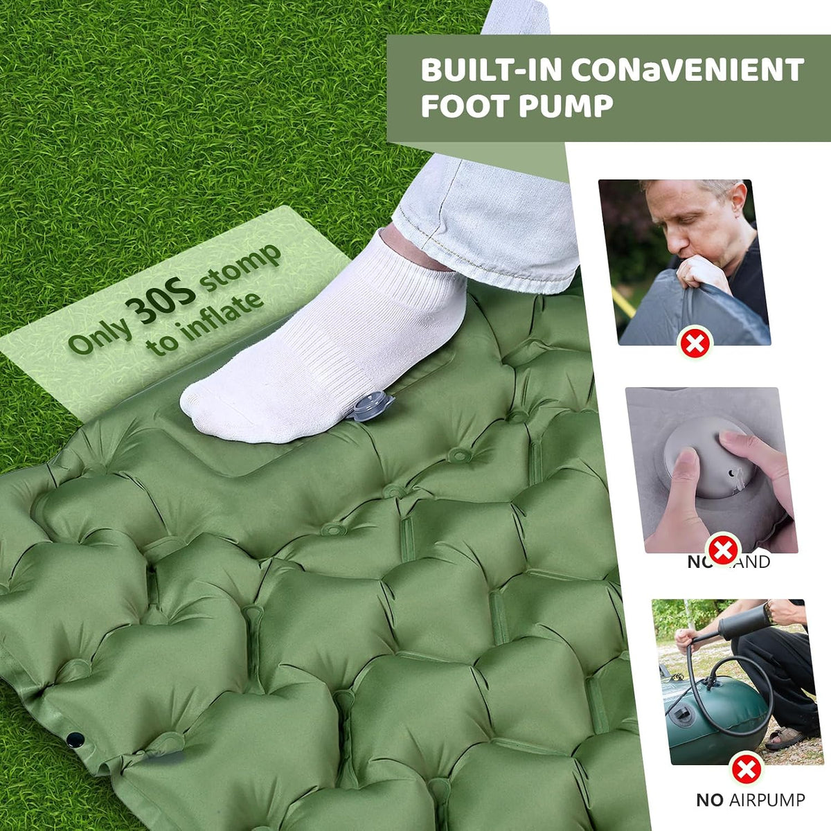 Sleeping Pad,Inflatable Camping Mat with Pillow & Foot Pump-Green