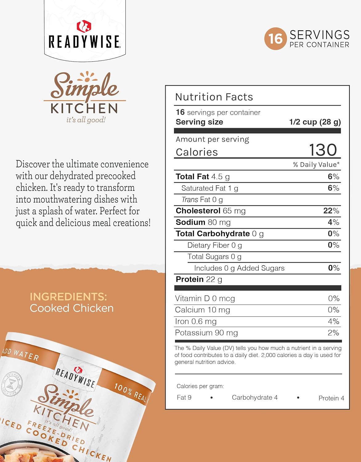 SIMPLE KITCHEN Freeze Dried Chicken #10 Can, 16 Servings, Survival Camping