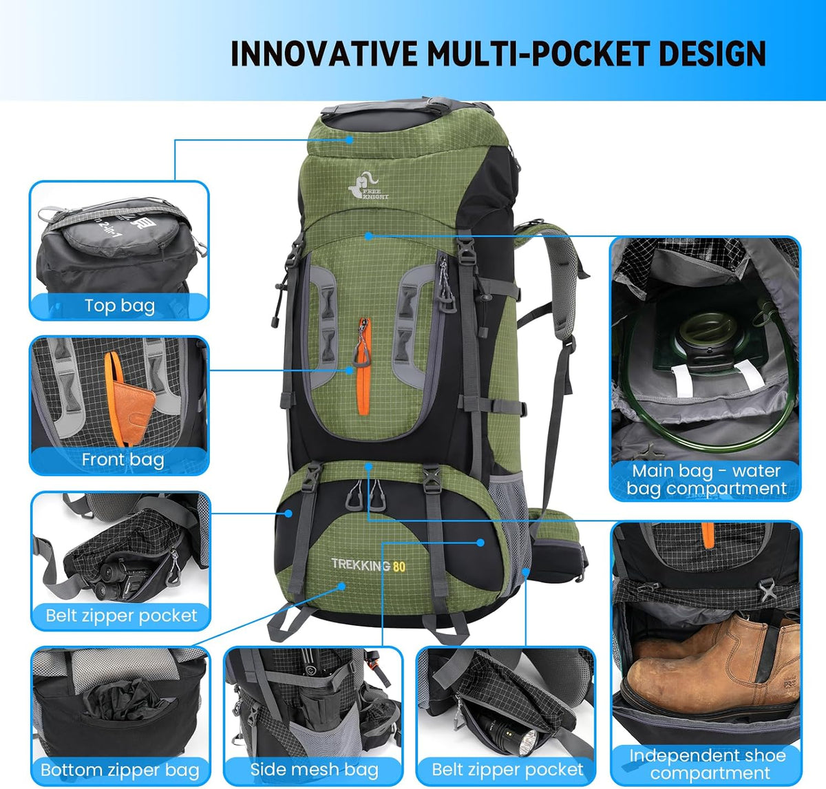Bseash 80L Waterproof Hiking Camping Backpack with Rain Cover, Lightweight Outdoor Sport Travel Daypack for Climbing Touring