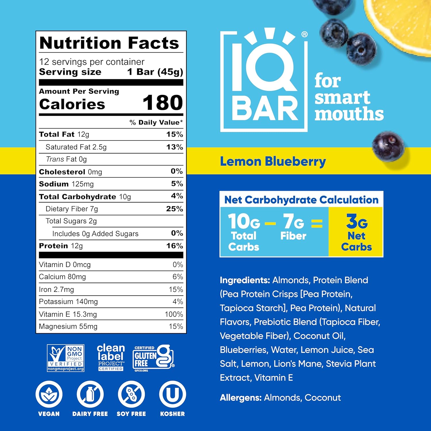IQBAR Clean Protein Bars, Low Sugar Keto, Lemon Blueberry 24-Count