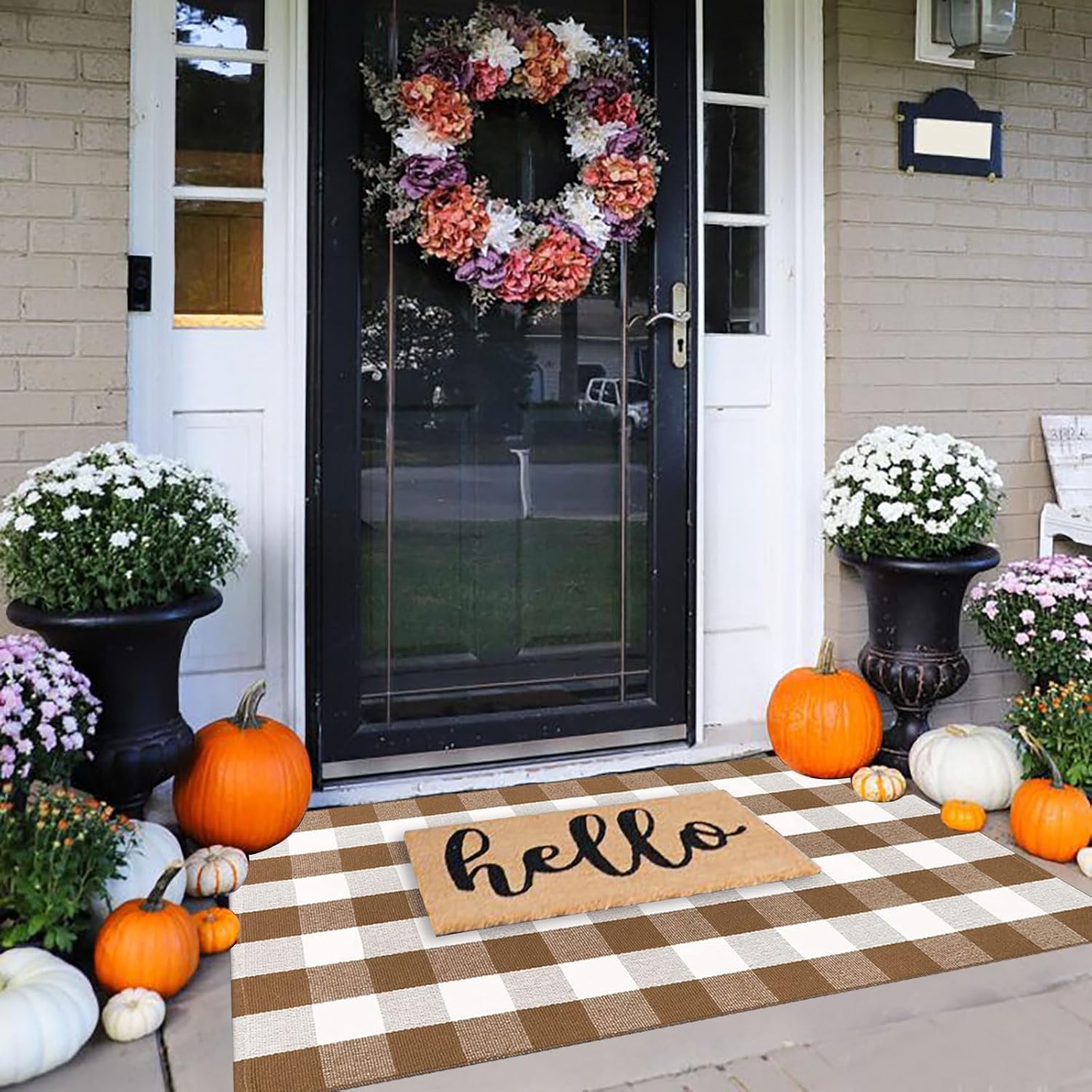 CAINANEL Fall Ourdoor Rug Farmhouse Brown and White Buffalo Check Rug Layered Welcome Door Mat for Front Porch Decor, Front Door, Farmhouse Decor(35.4''x59'', Coffee and White)