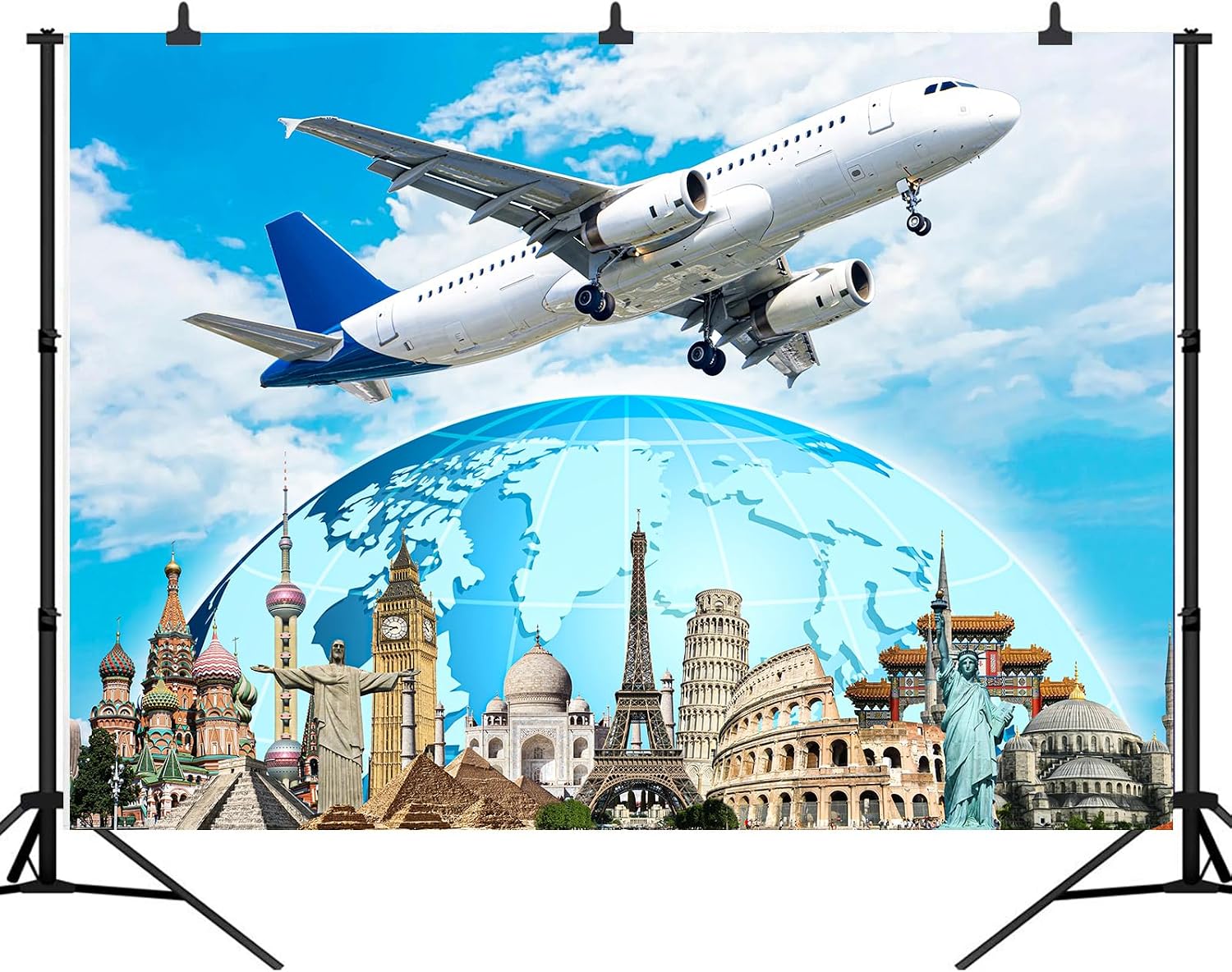 Global Travel Backdrop Airplane World Landmark Photography Background 7x5ft