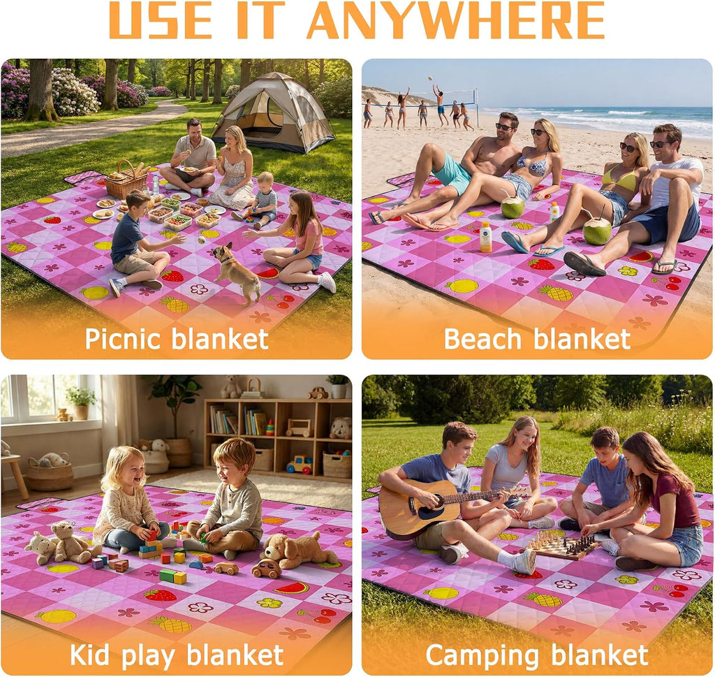 Picnic Blankets Outdoor Blanket,80"x 80" Extra Large Waterproof Sandproof Foldable Beach Blanket Grid Picnic Mat for Camping,Lawn,Park(Deep Pink)