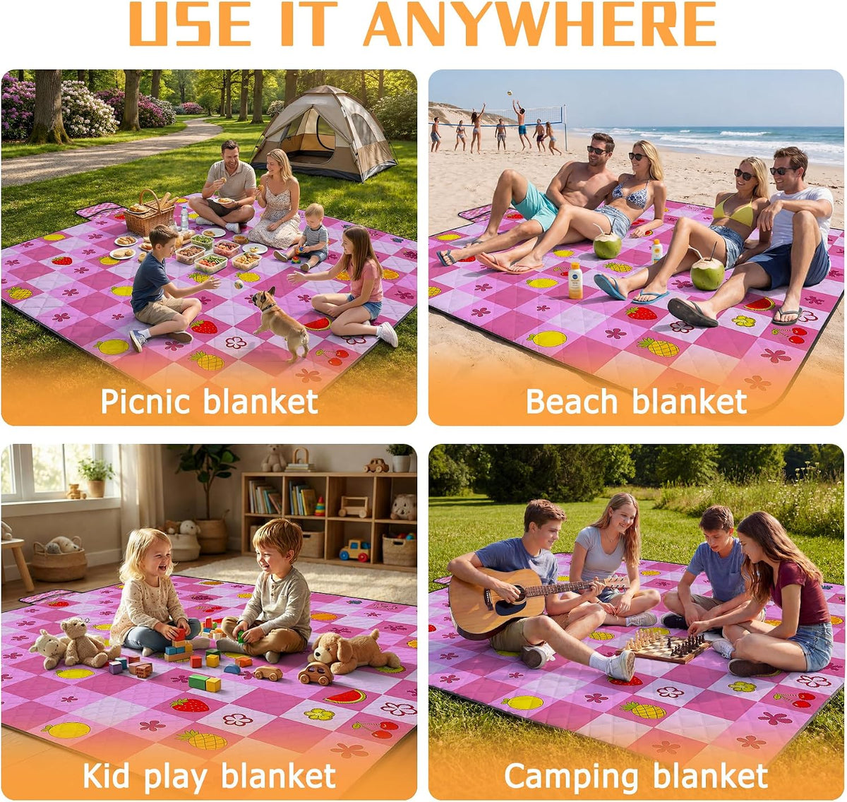Picnic Blankets Outdoor Blanket,80"x 80" Extra Large Waterproof Sandproof Foldable Beach Blanket Grid Picnic Mat for Camping,Lawn,Park(Deep Pink)