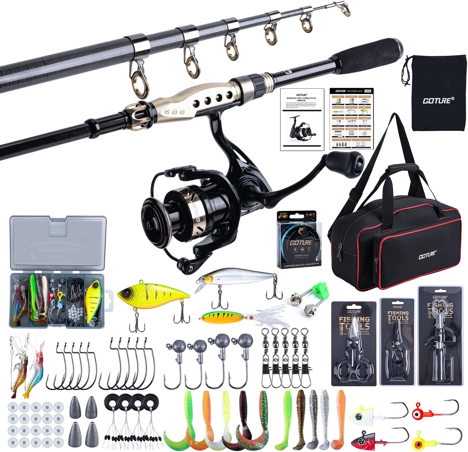 GOTURE Telescopic Fishing Rod and Reel Combos, Carbon Fiber Travel Fishing Pole, 9+1 BB Spinning Reel, Saltwater Freshwater Fishing Gear Kit with Braided Line, Lures, Carrier Bag for Bass Trout
