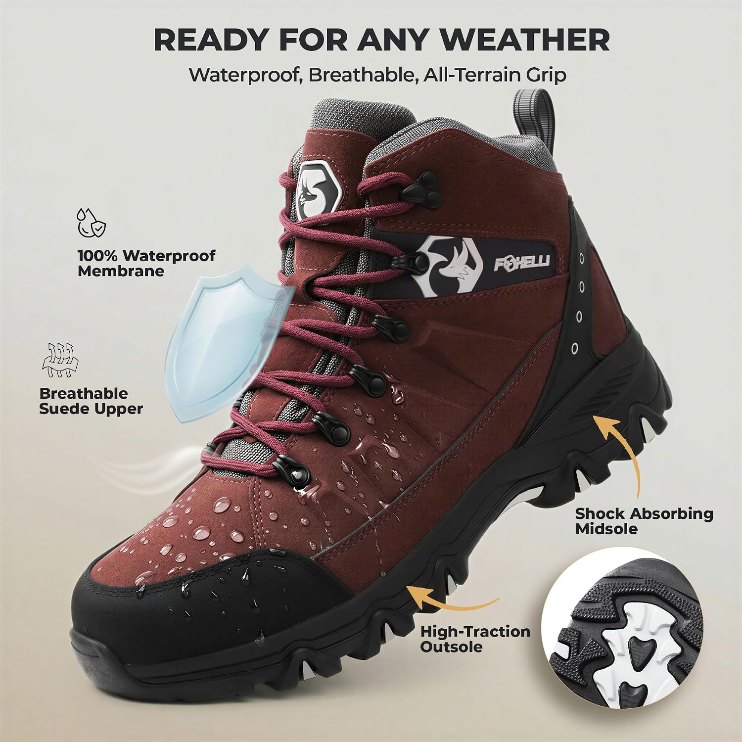 Foxelli Men’s Hiking Boots – Waterproof Breathable & Lightweight Suede Leather Hiking Boots for Men