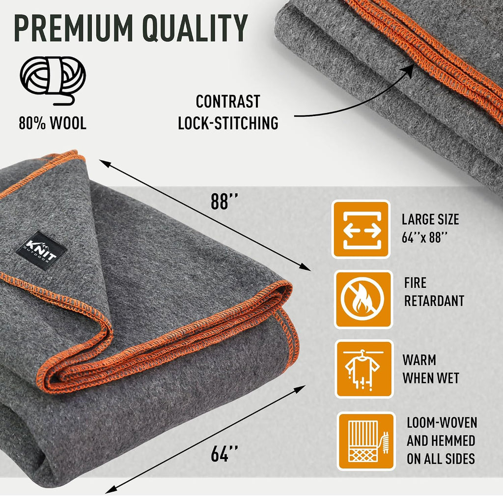 Large Military Wool Blanket - Warm & Thick Emergency Survival Blanket Great for Camping, Outdoors, Sports Events, Picnics, 4.5 lbs, 64" x 88" (Gray)