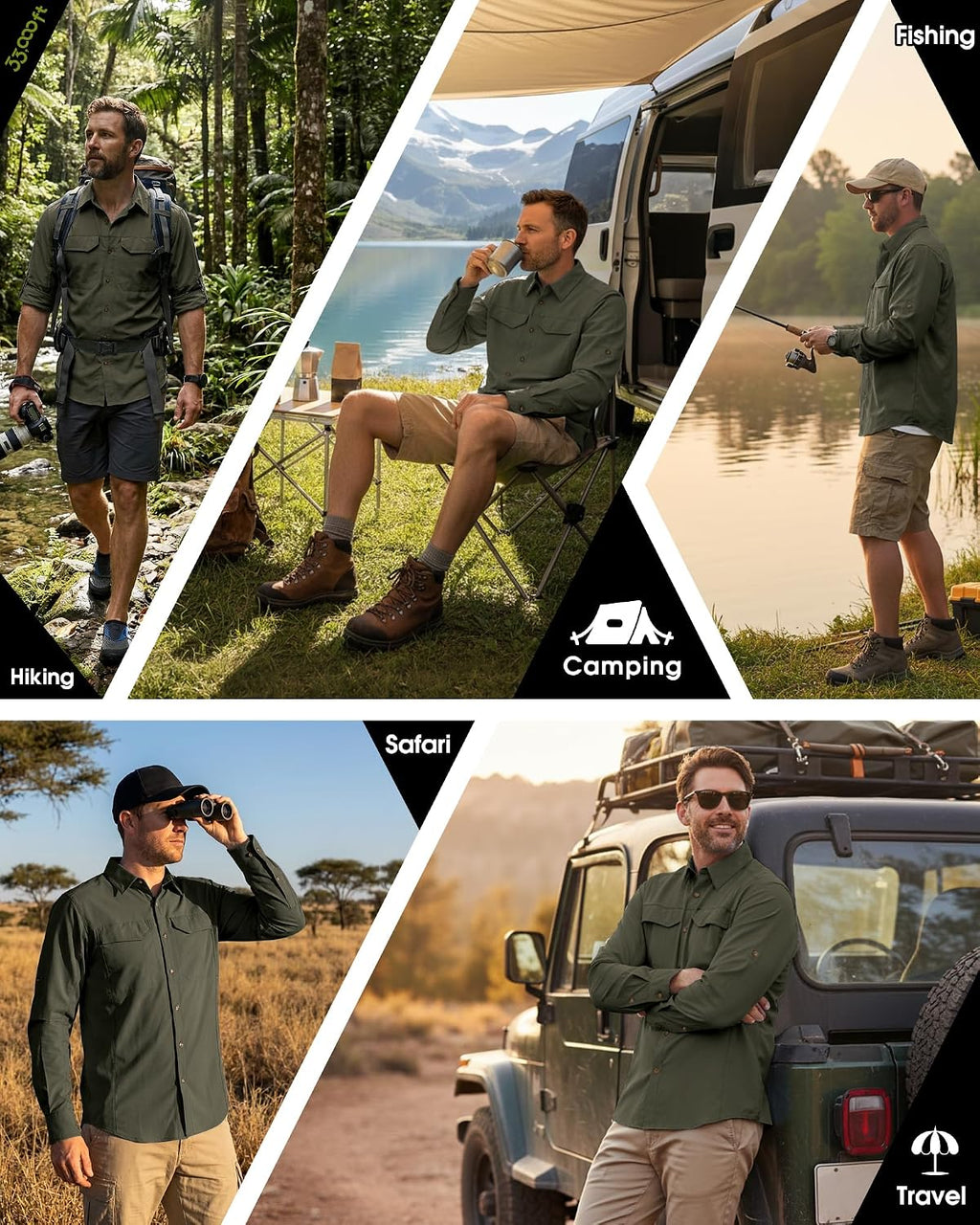 33,000ft Men's Long Sleeve Hiking Shirts Lightweight Quick Dry Sun Protection UV UPF 50 Fishing Shirt Outdoor Safari Travel