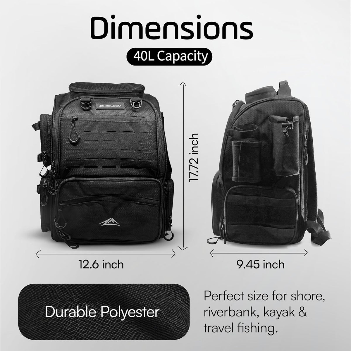 Waterproof Fishing Backpack with Rod Holders- 40L Fishing Tackle Bag, Extra Storage Gear and Equipment, Rain Cover, Fisherman Gift for Men
