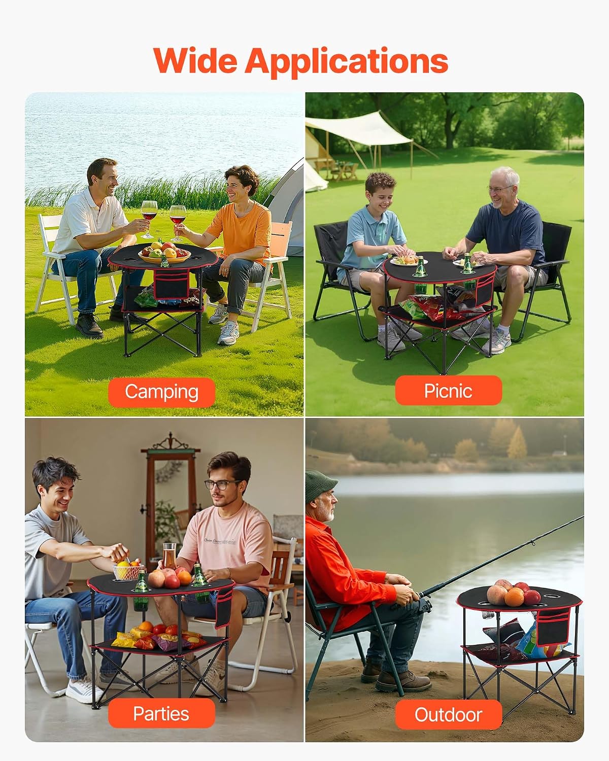VEVOR Folding Camping Table, Portable Outdoor Lightweight Picnic Table, 600D Oxford Fabric Waterproof Canvas Travel Beach Tables, with 4 Cup Holders, Carry Bag, for Tailgating Camping Picnic, Black
