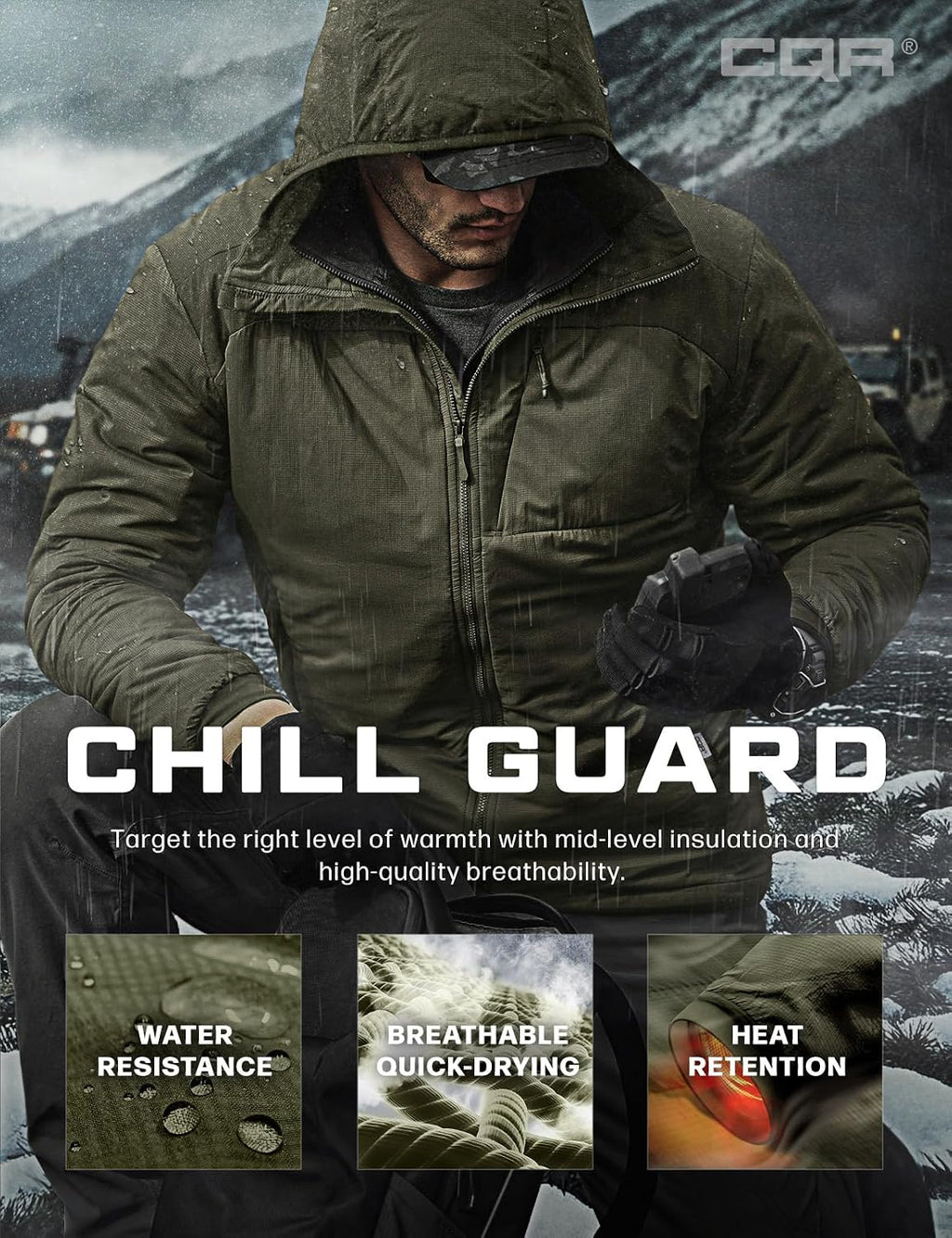 CQR Men's Lightweight Warm Insulated Jacket, Windproof Water Resistant Winter Active Coat for Hiking Work Outdoor Tactical