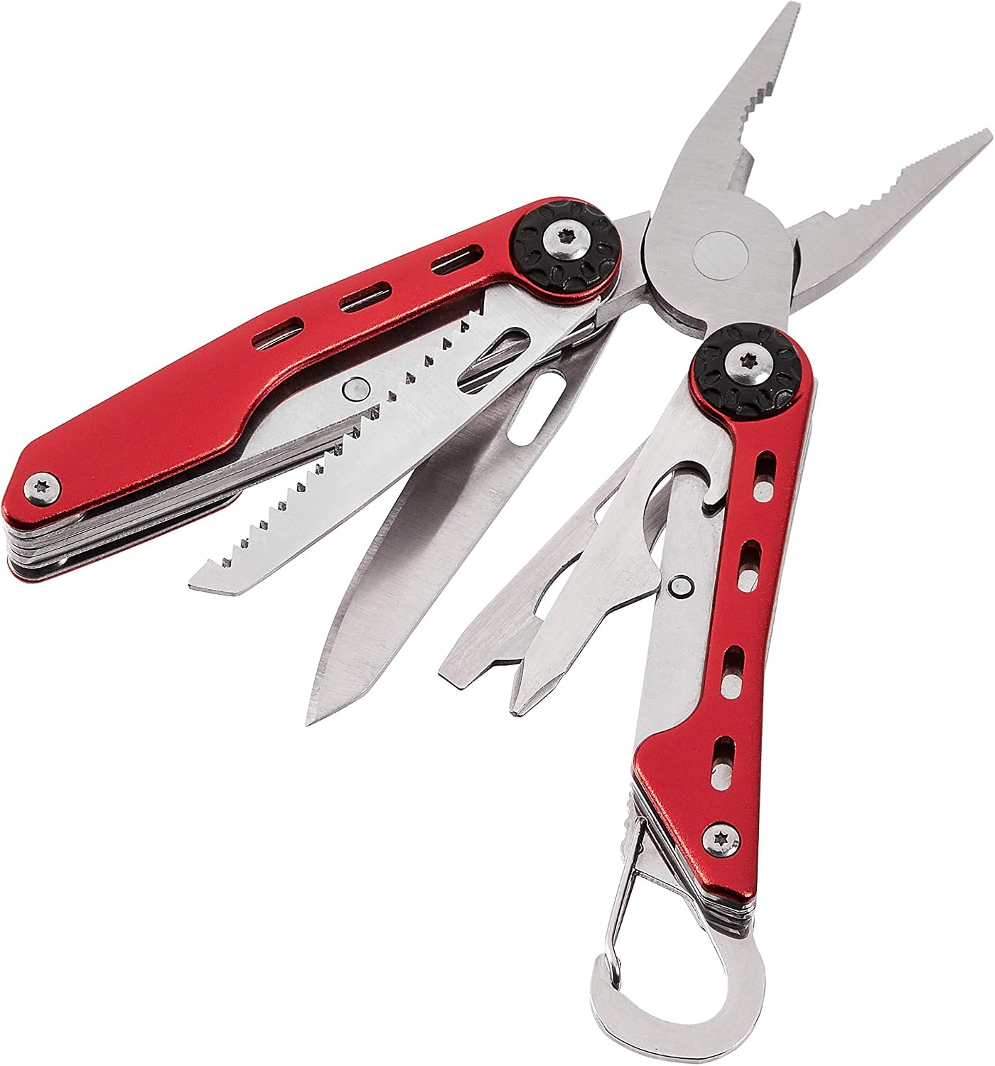 Amazon Basics 10-in-1 Stainless Steel Multitool for Hiking and Survival Gear with Needlenose Pliers, Wire Cutter, Saw, Safety Lock, Nylon Sheath, Red