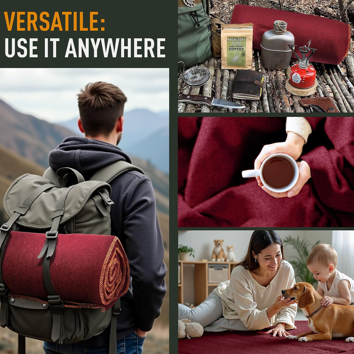 Large Military Wool Blanket - Warm & Thick Emergency Survival Blanket Great for Camping, Outdoors, Sports Events, Picnics, 4.5 lbs, 64" x 88" (Maroon)