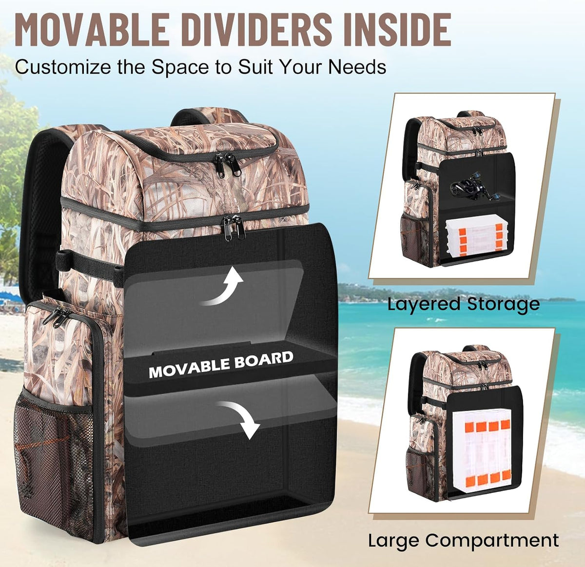 VJI 52L Large Fishing Tackle Backpack with Rod Holders, Reed Beige