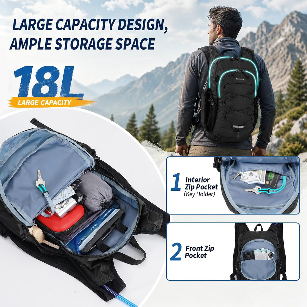 Blue Quartz Hydration Backpack with 2L Water Bladder, 18L Hiking Backpack for Women Men, Lightweight Water Pack with Phone Pocket for Quick Access, Hydration Pack for Cycling, Running, Biking