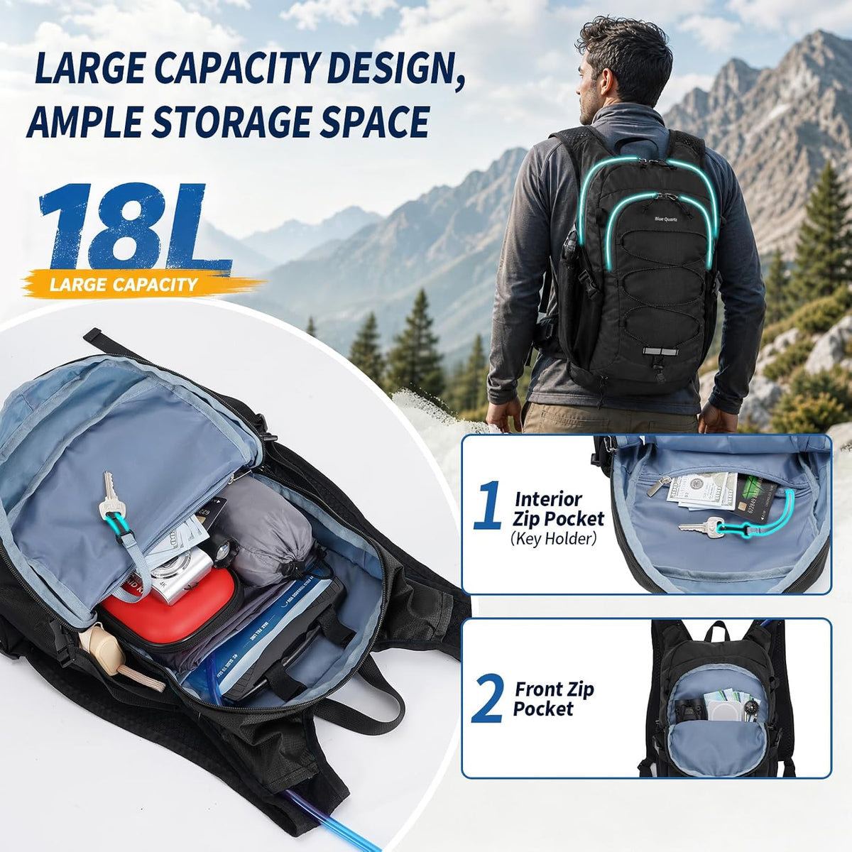 Blue Quartz Hydration Backpack with 2L Water Bladder, 18L Hiking Backpack for Women Men, Lightweight Water Pack with Phone Pocket for Quick Access, Hydration Pack for Cycling, Running, Biking