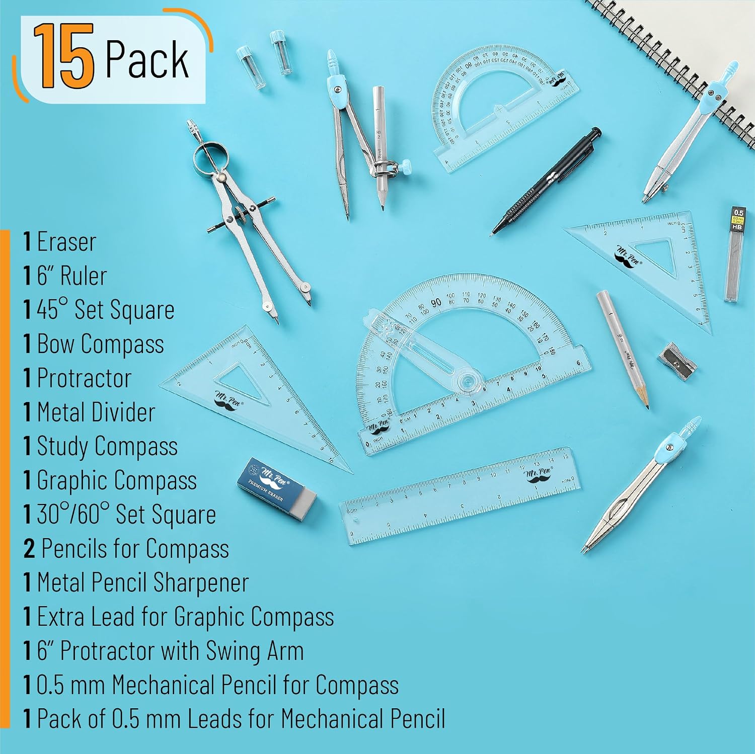 Mr. Pen- Geometry Set, 15 pcs, Light Blue, 6 Inch Swing Arm Protractor