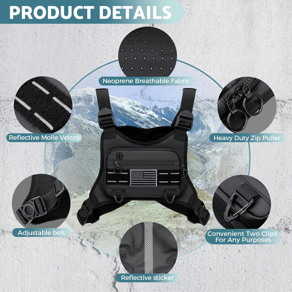 Muserise Sports Chest Bag For Men, Water Resistant Lightweight Front Running Vest Bag With Built-In Phone Holder & Extra Storage For Workouts, Cycling (Black)