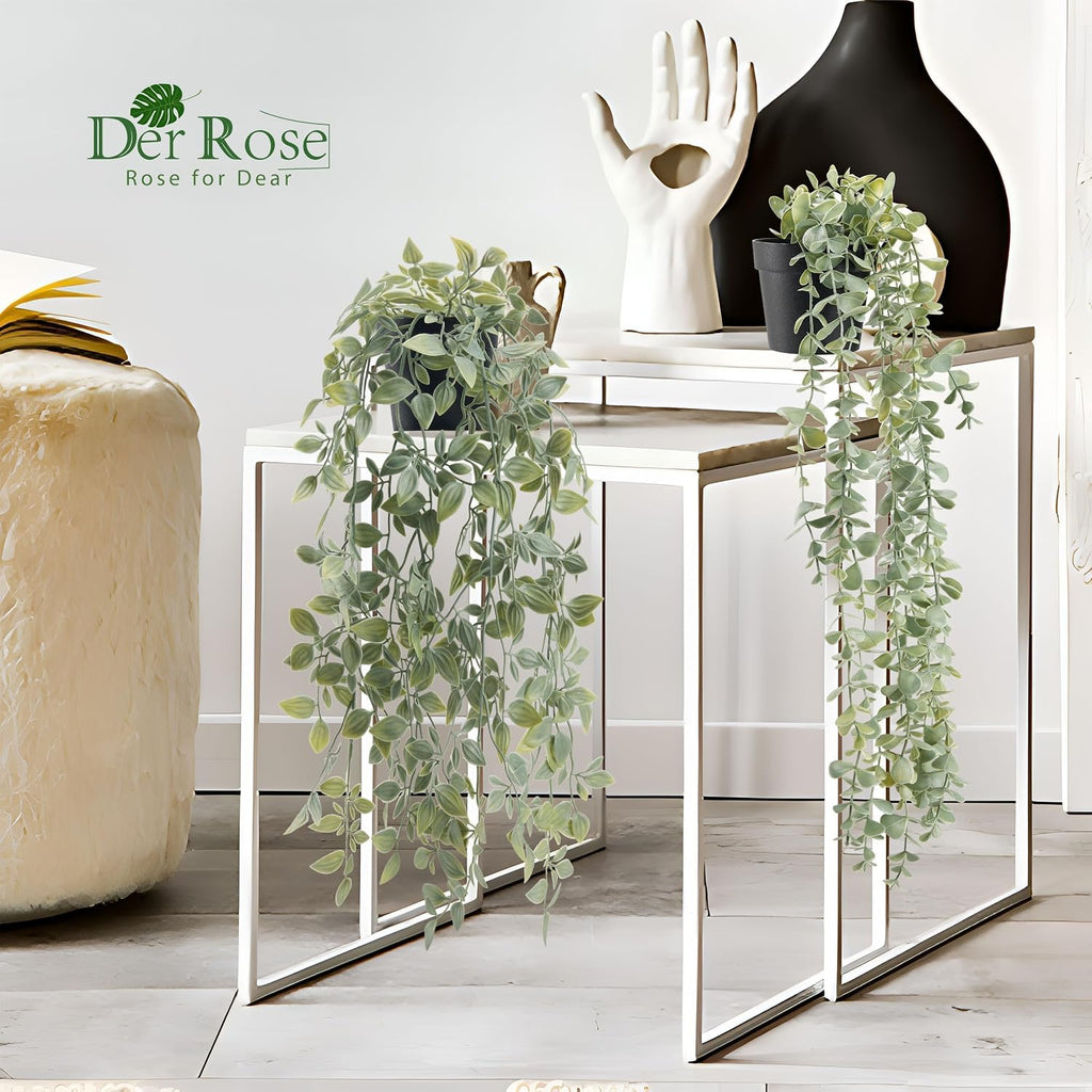 Der Rose 2Pcs Fake Hanging Plants with Black Pot for Bathroom Shelf Decor | Boho cascading eucalyptus and mandala vine creates a modern natural accent, adding depth to office, bookcase, bedroom decor