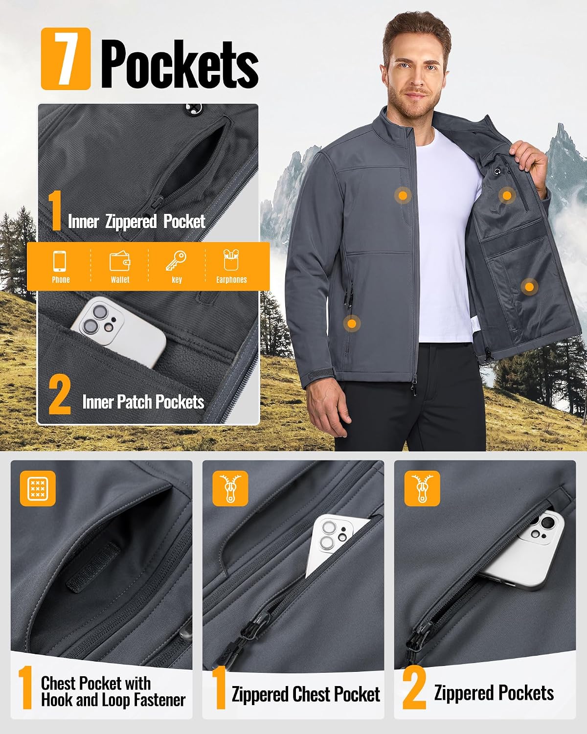 33,000ft Men's Lightweight Softshell Jacket Fleece Waterproof Windbreaker