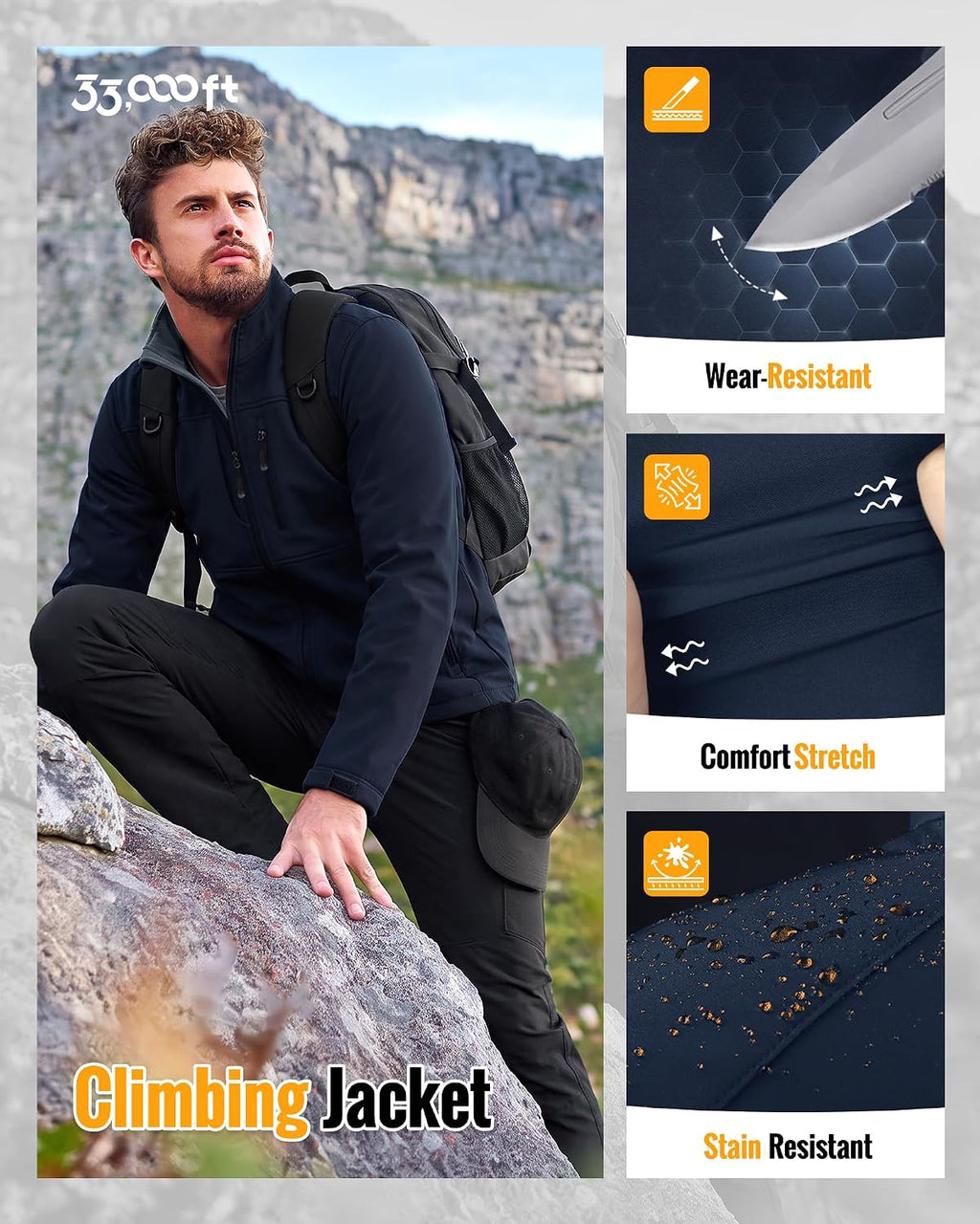 33,000ft Men's Lightweight Softshell Jacket Fleece Waterproof Windbreaker