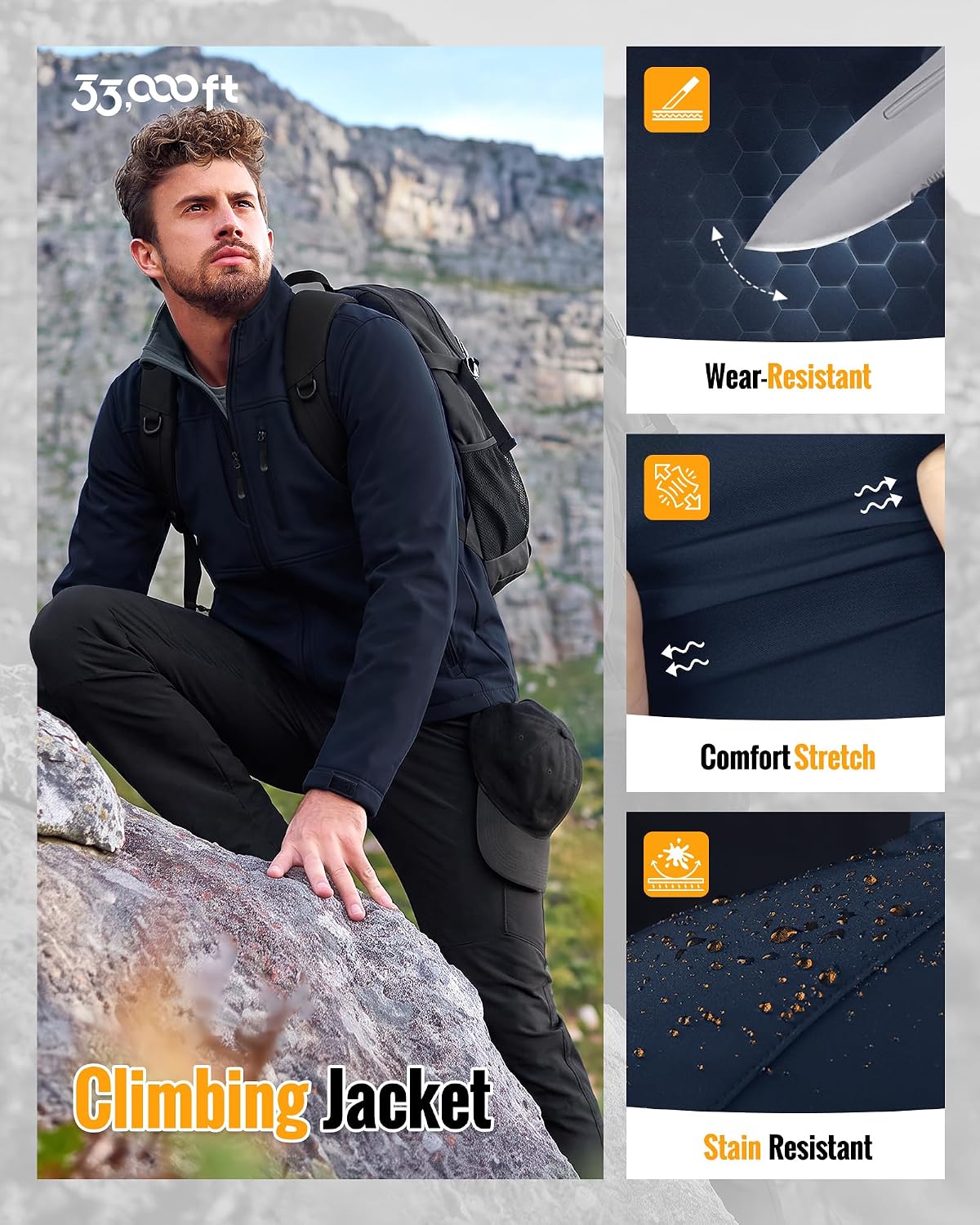 33,000ft Men's Lightweight Softshell Jacket Fleece Waterproof Windbreaker