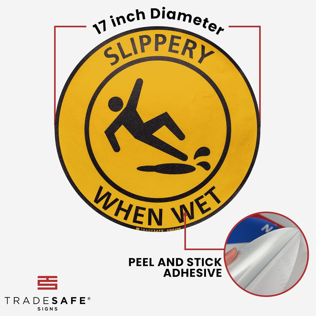 TRADESAFE Slippery When Wet Anti-Slip Floor Sticker - Slippery Floor Caution Sign, Peel and Stick Adhesive Vinyl Sign, ANSI-Compliant, 17” Diameter Round Sticker