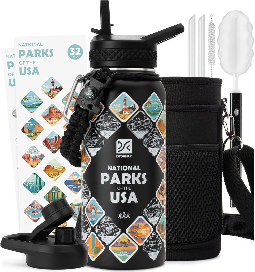 DYSANKY National Parks Water Bottle – 32 oz Insulated Stainless Steel Bottle with 63 Hand-Drawn Park Stickers, Carrier Bag, Strap & Gift Box – BPA-Free – Ideal for Hiking, Camping & Travel