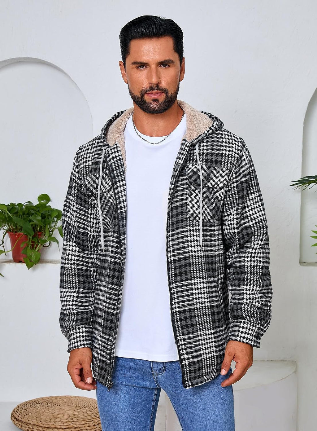 Men's Zip Up Flannel Shirt Jacket Fleece Lined with Hood