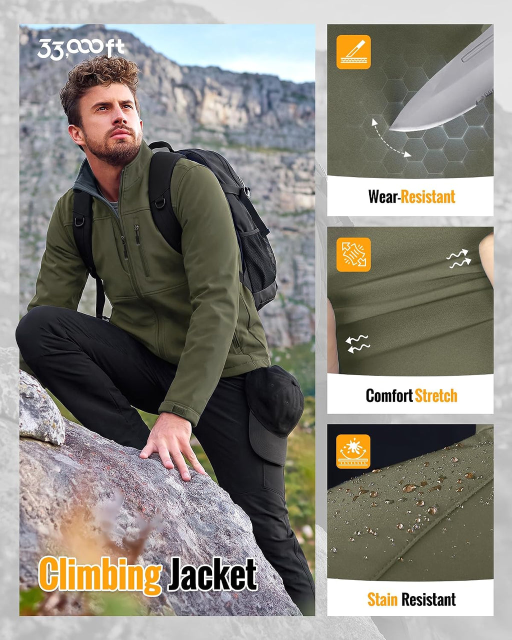 33,000ft Men's Lightweight Softshell Jacket Fleece Waterproof Windbreaker