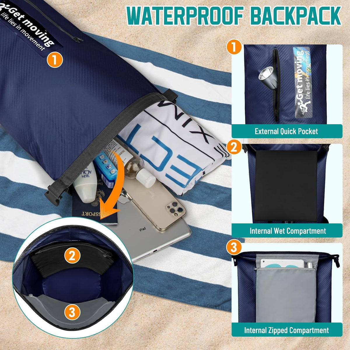 BKNOOU Dry Bag Waterproof for Kayaking, Roll Top Backpack for Women Men