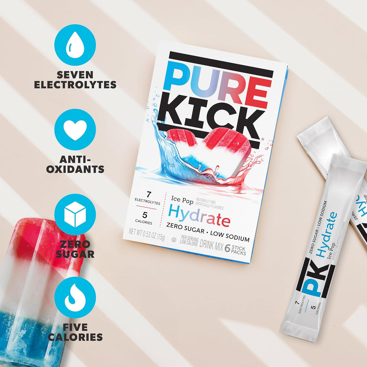 Pure Kick Hydration Singles To Go Water Drink Mix, Ice Pop, 72 Packets