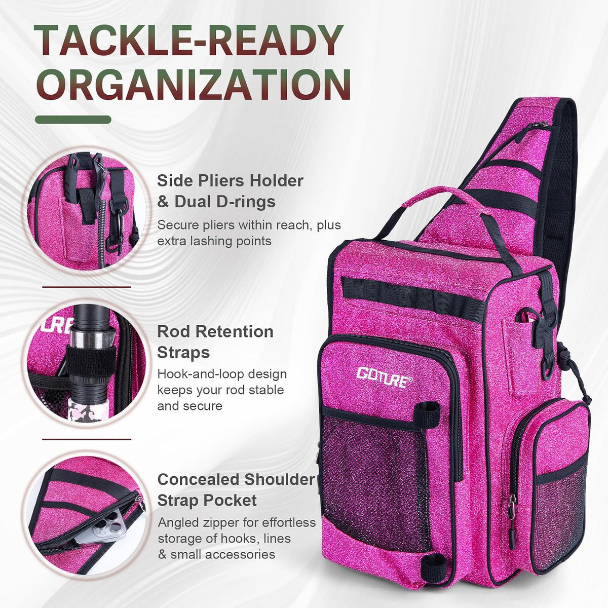 Goture OpenSide Tactical Sling Tackle Bag with 3 Tackle Trays, Lightweight Fishing Backpack Storge Fishing Gear -Shimmering Pink Bag Outdoor,Gift for women