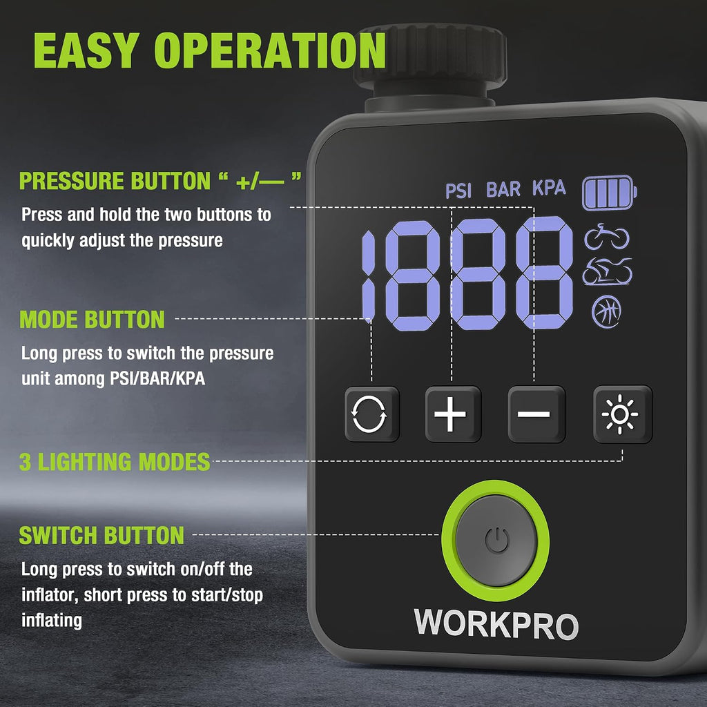 WORKPRO Mini Electric Bike Pump, 140 PSI Portable Tire Inflator