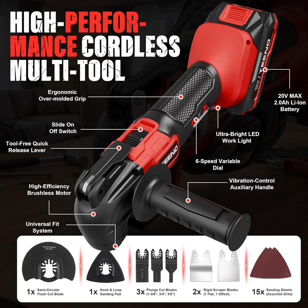 TEENO 20V Cordless Oscillating Tool, 4° Oscillation Angle Oscillating Saw, 6 Variable Speeds with Quick-Lock Change System, 26PCS Multitool Blades & Carrying Bag for DIY Projects