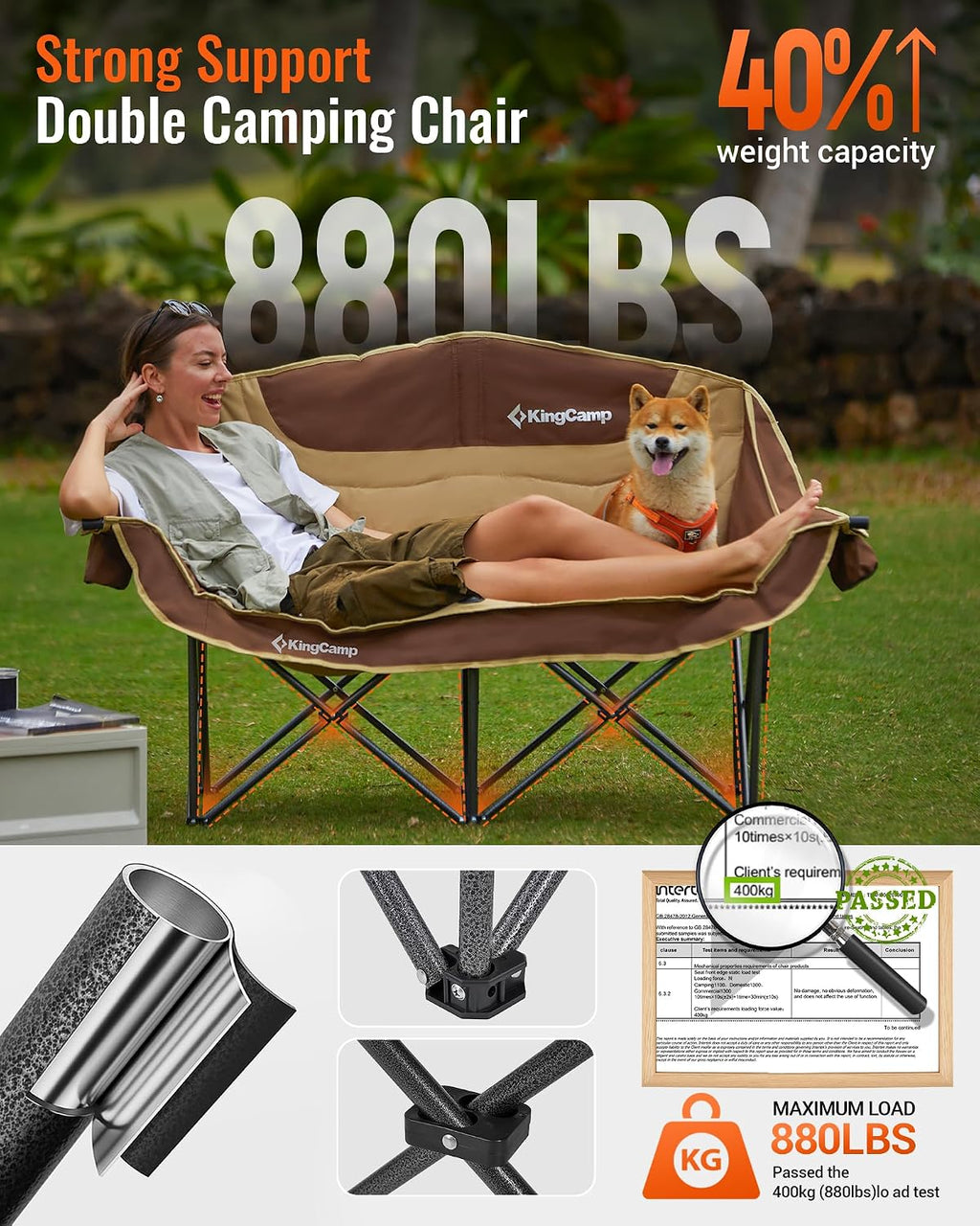 KingCamp Double Camping Chair, Oversized 880lbs Heavy Duty Loveseat XL