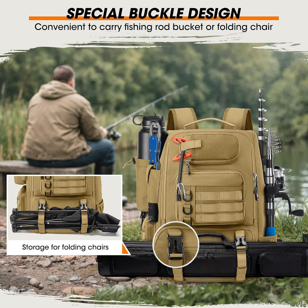 RAINSMORE Fishing Backpack 40L Tackle Backpack with Rod Holders & Cooler
