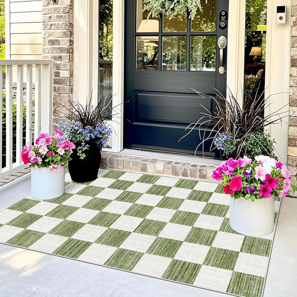 Green White Checkered Entry Rug - 3x5 Non-Slip Indoor Outdoor Rugs