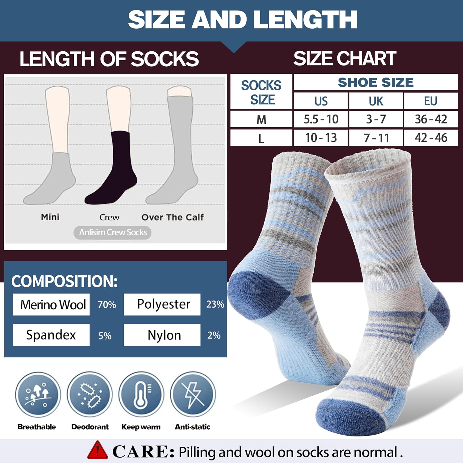 Anlisim Merino Wool Hiking Running Socks for Women, Boot Work Crew Socks
