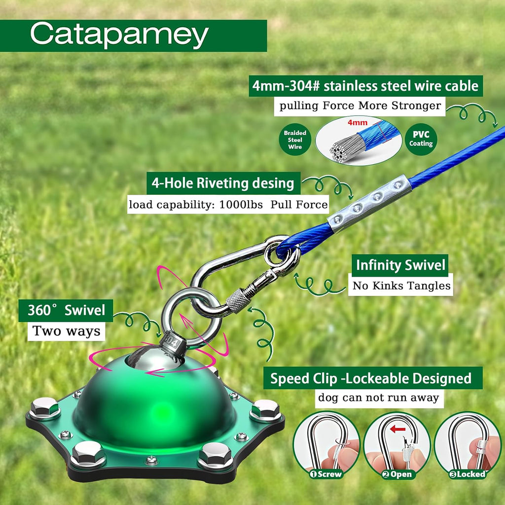 Catapamey Dog Tie Out Cable and Stake,360°Swivel Dog Run Anchors-with 15FT Heavy Duty tie Out Cable- No Tangle,Dog Runner for Yard- Up to 200 lbs,for Outdoor Camping Gift