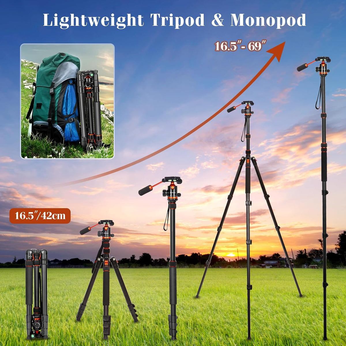 2 in 1 Camera Tripod & Hunting Stand Foldable, 68" Ball Head Tripod for Camera and Phone, Heavy Duty Tripod for DSLR Camera Lasers Binoculars Telescope Spotting Scope, Min Size 16.5" with Bag