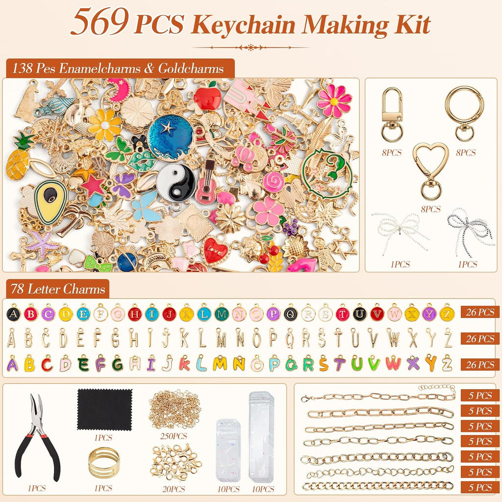 569Pcs Charms Lip Gloss Keychain Making Kit, Bracelet Making Kit, DIY Bag Charm Kit with Key Chain Hooks, Jump Rings, Lobster Clasps, Charms, Chains & Tools, Jewelry Pliers, Jewelry Craft Kit Supplies